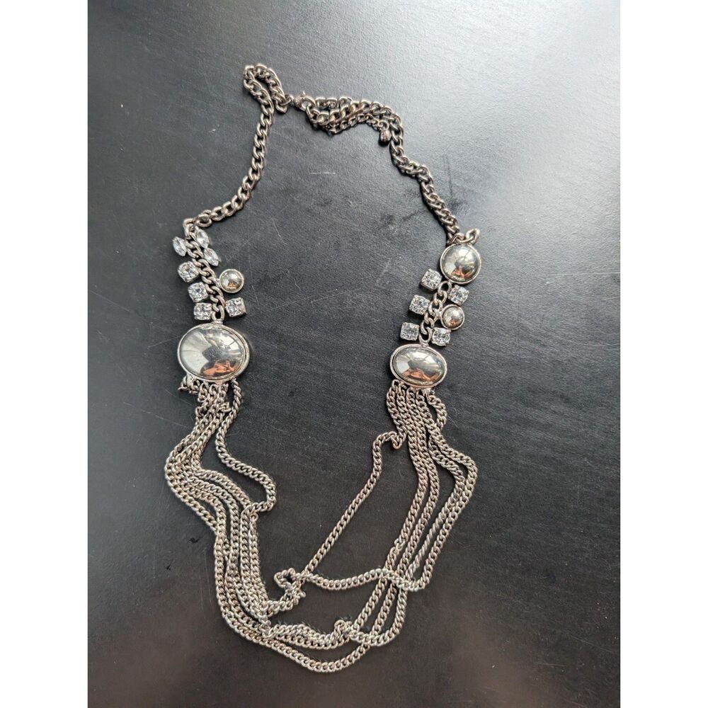 Vintage Silver Multi-Chain Rhinestone Statement Necklace Goth Grunge